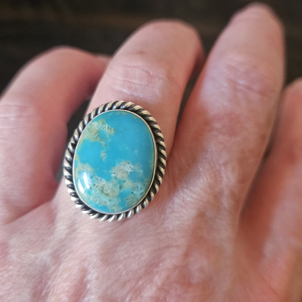 Navajo Signed  Turquoise Sterling Silver Adjustable Ring
